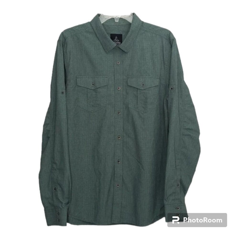 Prana Shirt Mens Lg Snap Button Up Long Sleeve Green Outdoor Activewear Gorpcore